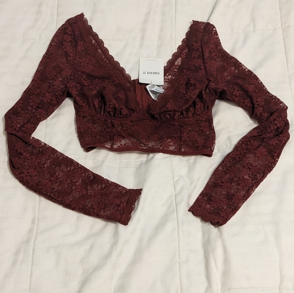Forever 21 Wine Lace Long-Sleeve Crop Top